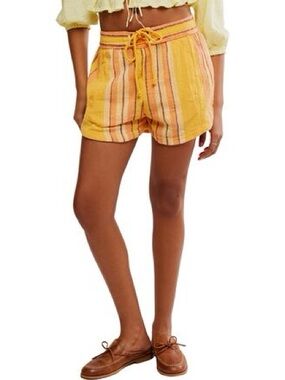 Free People Kalli Striped Yellow Linen-Blend Women's Shorts NWT